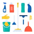 Cleaning tools and detergent for cleaning service web banner, poster design. Bucket, scoop, brush, washing powder, bottle of spray