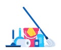 Cleaning tools and detergent for cleaning service web banner, poster design. Bucket, scoop, brush, washing powder, bottle of spray