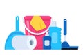 Cleaning tools and detergent for cleaning service web banner, poster design. Bucket, scoop, brush, washing powder, bottle of spray