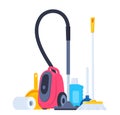 Cleaning tools and detergent for cleaning service web banner, poster design. Bucket, scoop, brush, washing powder, bottle of spray