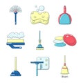 Cleaning tools icon set, cartoon style Royalty Free Stock Photo