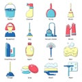 Cleaning tools icons set, cartoon style Royalty Free Stock Photo