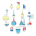 Cleaning tools icons set, cartoon style Royalty Free Stock Photo