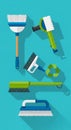 Cleaning tools illustration featuring five items on a blue background. Includes a broo Royalty Free Stock Photo