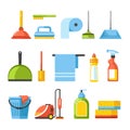 Cleaning tools isolated icons brushes and detergents vacuum cleaner