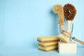 Cleaning tools on light blue background, space for text. Dish washing supplies Royalty Free Stock Photo