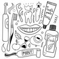 Cleaning tools line. Toothbrush, toothpaste and dental floss, hand drawn morning hygiene, oral care concept. Vector isolated set