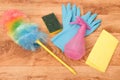 Cleaning tools on a parquet Royalty Free Stock Photo