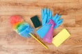 Cleaning tools on a parquet Royalty Free Stock Photo