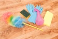 Cleaning tools on a parquet floor Royalty Free Stock Photo