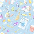 Cleaning tools seamless pattern. House icons background. Washing machine, Detergents Cleanser, Water bucket for Mopping