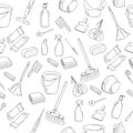 Cleaning tools seamless pattern.Washing equipment for floor,windows and dust removing.