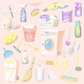 Cleaning tools Set. House icons. Washing machine, Detergents for apartments, Water bucket for Mopping, Chemicals Royalty Free Stock Photo