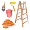 Cleaning tools wooden ladder, paint brush decorator, Paint roller paintroller repairman,bucket ,bricks watercolor on a white Royalty Free Stock Photo