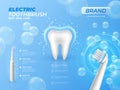 Cleaning toothbrush poster. Whiting bristle. Realistic electrical teeth brush in foam. Soap bubbles. Shiny molar. Dental