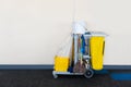 Cleaning Trolley or housekeeping cart in the airport over white color wall background with copy space Royalty Free Stock Photo