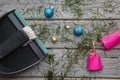 Cleaning up after christmas. Sweeping up pine needles and broken decorations Royalty Free Stock Photo