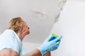 Cleaning up dangerous fungus from a wet wall after water leak Royalty Free Stock Photo