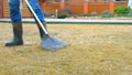 Cleaning up the grass with a rake. Aerating and scarifying the lawn