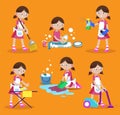 Cleaning vector illustration. House cleaning. Girl is busy at home: wash dishes, wash the floor, iron, vacuum, sweep, wash window