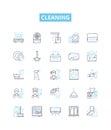 Cleaning vector line icons set. Scrubbing, Polishing, Washing, Sweeping, Sanitizing, Mopping, Disinfecting illustration