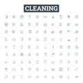 Cleaning vector line icons set. Scrubbing, Polishing, Washing, Sweeping, Sanitizing, Mopping, Disinfecting illustration