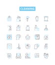 Cleaning vector line icons set. Scrubbing, Polishing, Washing, Sweeping, Sanitizing, Mopping, Disinfecting illustration