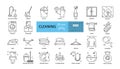 Cleaning vector set of 25 icons with editable stroke. Vacuum cleaner, laundry, ironing, sponge, washing dishes, windows and floors