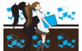 Young girl - waiter woman moving to a new place and carrying boxes. New cafe holding cardboard boxes. Vector cartoon illustration 