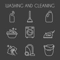 Cleaning, wash line icons. Washing machine, sponge, mop, iron, vacuum cleaner, shovel and other clining icon. Order in the house t Royalty Free Stock Photo