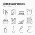 Cleaning, wash line icons. Washing machine, sponge, mop, iron, vacuum cleaner, shovel and other clining icon. Order in the house t Royalty Free Stock Photo