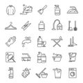 Cleaning and washing house, laundry outline vector icons. Antiseptic service line symbols Royalty Free Stock Photo