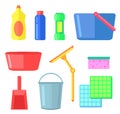 Cleaning or washing tools equipment for home, office, interior, collection of colorful flat icons Royalty Free Stock Photo