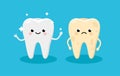 Cleaning and whitening teeth concept vector illustration. Snow-white Happy Tooth and Yellow Moody Tooth Cartoon
