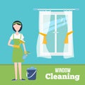 Cleaning window concept illustration with young woman in gloves at home. Housekeeping service with housework supplies