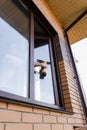 Cleaning window using portable vacuum windows cleaner. Washer of cleaning service cleans outside of the window to remove