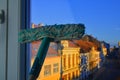 Cleaning windows with a squeegee. Cleaning concept. Washing window, close up. Royalty Free Stock Photo