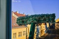 Cleaning windows with a squeegee. Cleaning concept. Washing window, close up. Looking through window. Royalty Free Stock Photo