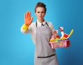 Cleaning woman with a basket with cleansers and brushes showing