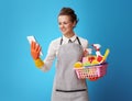 Cleaning woman with a basket with cleansers and brushes