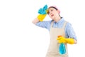 Cleaning woman feel tired and exhausted Royalty Free Stock Photo