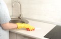 Cleaning. woman gloves hands cleaning kitchen. Cleaning home table, sanitizing kitchen table, surface. Deep Cleaning service. copy Royalty Free Stock Photo