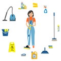 Cleaning woman surrounded by objects for cleaning