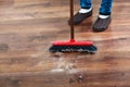 Cleaning woman sweeping wooden floor