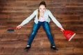 Cleaning woman sweeping wooden floor Royalty Free Stock Photo