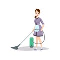 Cleaning woman use vacuum cleaner to wash kitchen floor Royalty Free Stock Photo