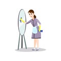 Cleaning woman in violet clothes clean home mirror