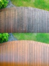 cleaning a wooden terrace with a high-pressure washer - BEFORE and AFTER cleaning Royalty Free Stock Photo