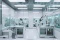 cleanroom with robotic arms and hands working on delicate mechanical parts
