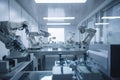 cleanroom with robotic arms and hands working on delicate mechanical parts